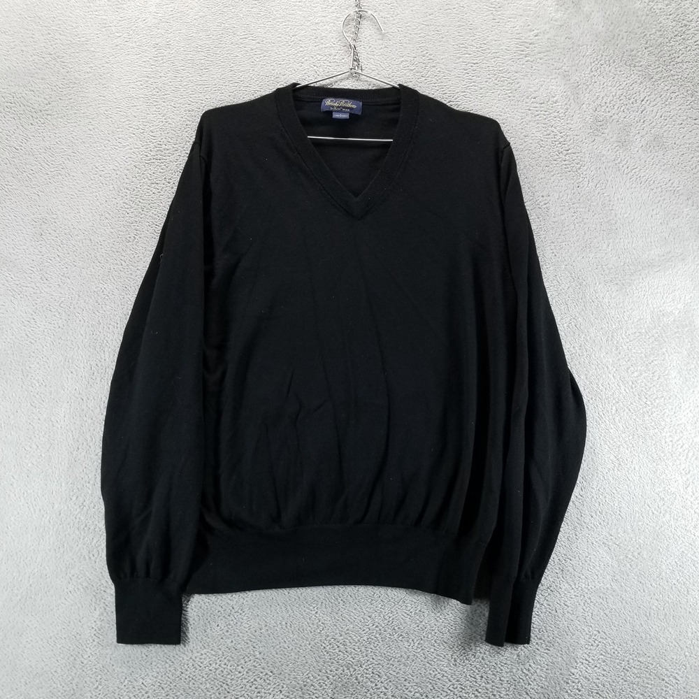 Brooks Brothers Sweater Mens L Black Saxxon 100% Wool V Neck Knit Pullover